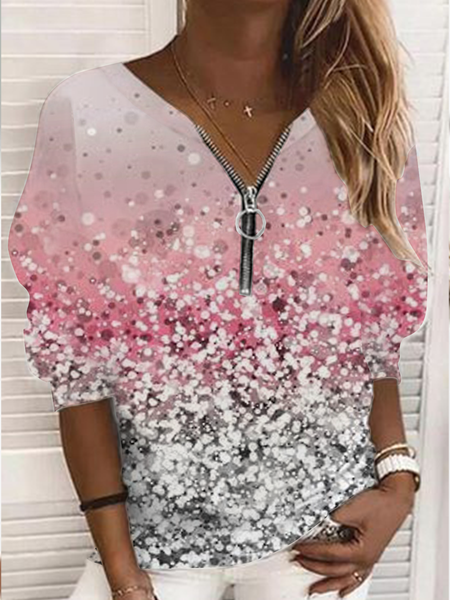 

Long sleeve crew neck zipper gradient elastic top T-shirt, Pink, Long sleeve tops