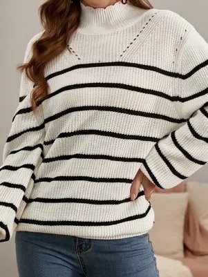 

Striped Off Shoulder Casual High Neck Long Sleeve Sweater, Black-white, Sweaters