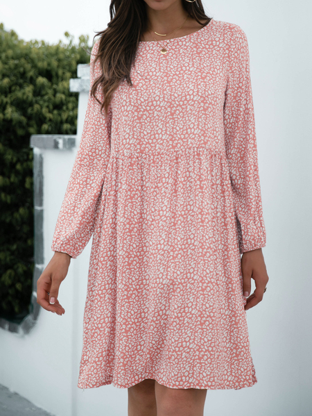 

Polka Dots Hippie Beach Crew Neck Long Sleeve Mini Dresses, Pink, Mini Dresses