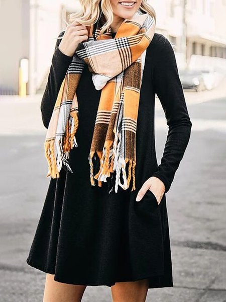 

Plain Long Sleeves Crew Neck Pockets Plus Size Casual Dresses, Black, Mini Dresses