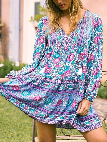 

Boho Vacation V Neck Long Sleeve A-line Dresses, Blue, Mini Dresses