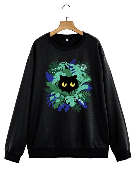 

Unocis Cat Print Crew Neck Long Sleeve Sweatshirt, Black, Sweatshirts