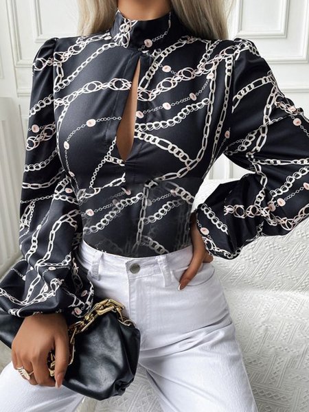 

Vintage Elegant Simple Printed Elegant Top, Black, Blouses and Shirts