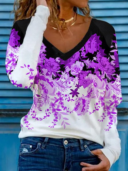 

Floral Loosen V Neck Shirts & Tops, Purple, Long sleeve tops