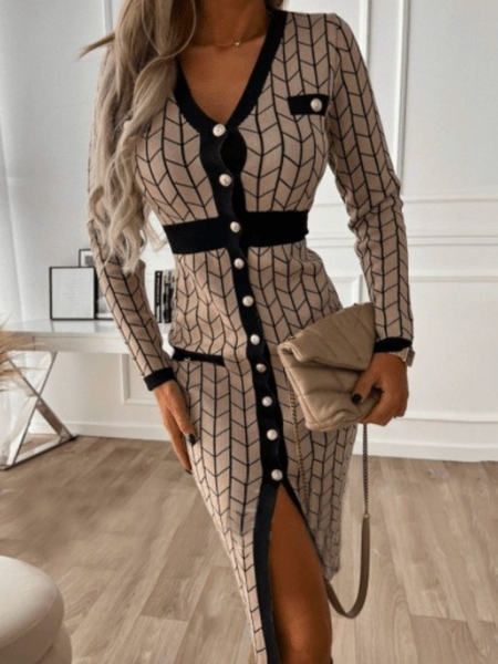 

Winter Mid-weight Elegant V Neck Date Party Long sleeve Dresses, As picture, Midi Dresses