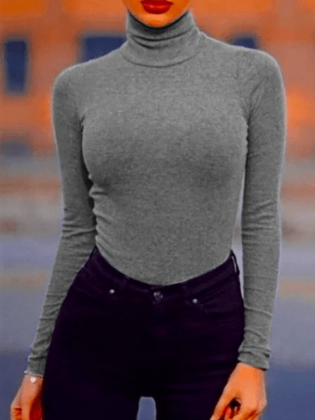 

Winter High Neck Simple Long sleeve Basics Simple Daily Tops, Gray, Tops