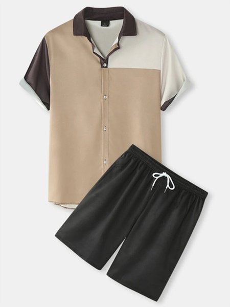 

Pockets Shirt Collar Geometric Short Sleeve Suits, As picture, Men's sets