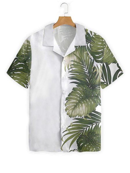 

Short Sleeve Leaves Shirt Collar Shirts, White, Men's Floral shirt
