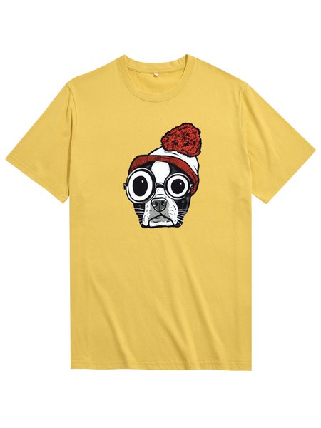 

Unocis Dog Print Crew Neck Short Sleeve Cotton T-Shirt, Yellow, T-shirts