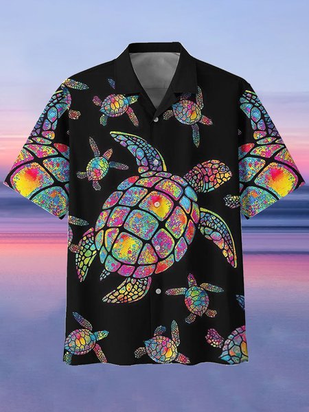 

Mens Turtle Print Retro Breathable Hawaiian Short Sleeve Shirt, Black, Shirts ＆ Blouse