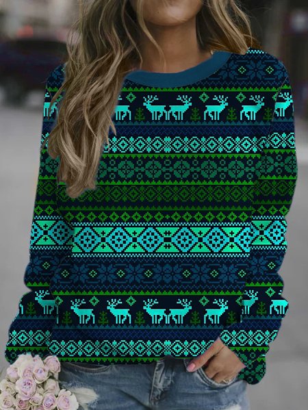 

Christmas Fun Printed Crew Neck Sweatshirt, As picture, Hoodies&Sweatshirts