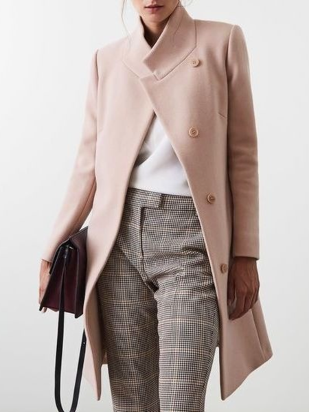 

Winter Stand Collar Simple Plain Work Formal Mid-weight Outerwear, Pink, Coats