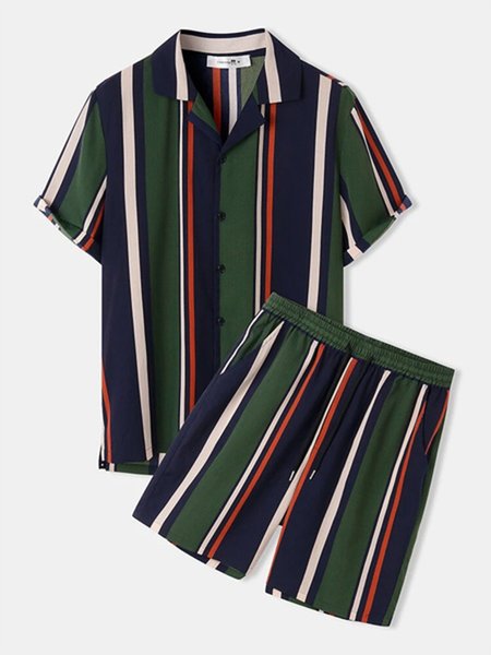 

Striped Casual Short Sleeve Suits, As picture, Men's sets