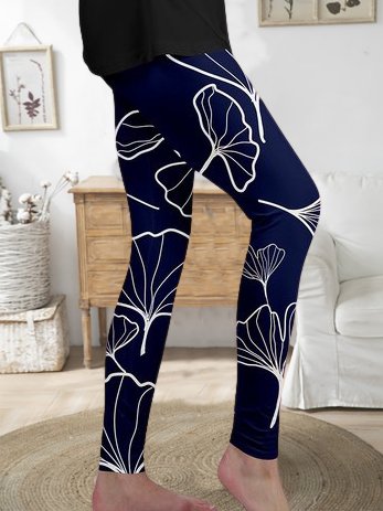 

Skinny Basics Leaves Printed Elastic Waist Long Pants, Dark blue, Leggings