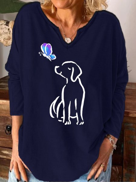 

Dog and Butterfly Print Notched Neck Long Sleeve Shirt, Purplish blue, Hoodies&Sweatshirts