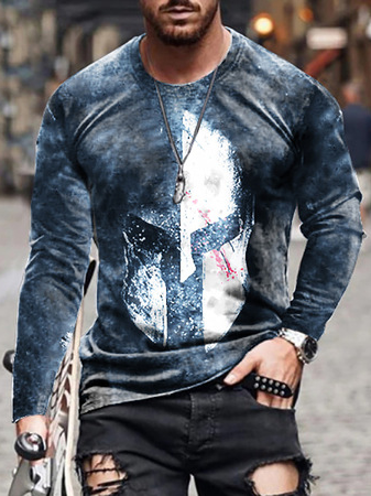 

Men's Round Neck Short Sleeve Printed Tops, Blue, T-shirt