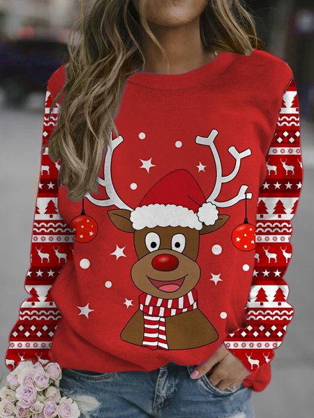 

Christmas Elk Fun Printed Crew Neck Sweatshirt, Red, Hoodies&Sweatshirts
