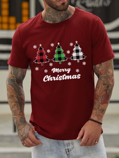 

Merry Christmas Cotton Crew Neck Short Sleeve Shirts & Tops, Red, T-shirts