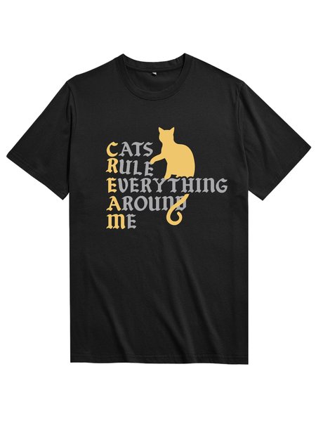

Unocis Cat Print Crew Neck Short Sleeve T-shirt, Black, T-shirts