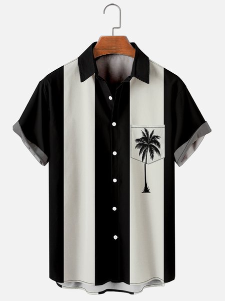 

Short Sleeve Vintage Striped Shirts, Black, Men's Floral shirt