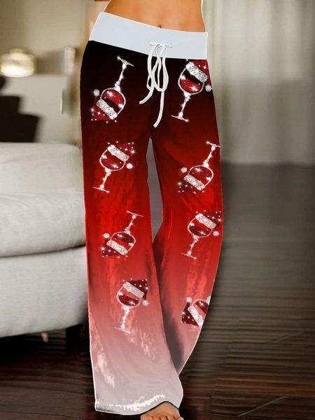 

Gradient Christmas Wine Glass Casual Woman Loosen Pants, Red, Pants