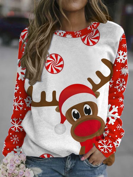 

Christmas Elk Fun Printed Crew Neck Sweatshirt, White, Hoodies&Sweatshirts