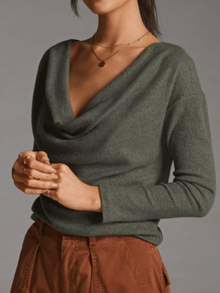 

Winter Cotton Cowl Neck Simple Daily Cowl neck Long sleeve Tops, Gray, Tops