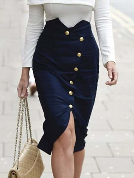

Vintage Casual Simple Plain Elegant Skirts, Navyblue, Midi Skirts