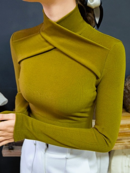 

Winter Stand Collar Simple Long sleeve Daily High Stretch Tops, Green, Tops