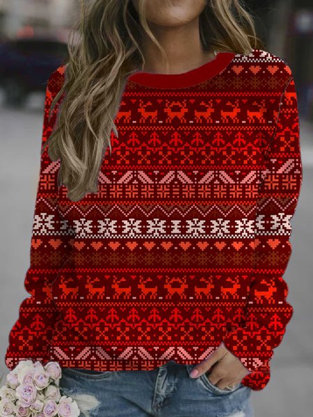 

Christmas Printed Crew Neck Casual Sweatshirt, Red, Hoodies&Sweatshirts