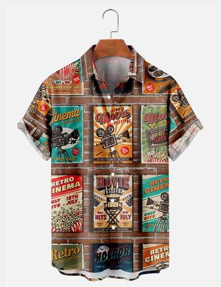 

Short Sleeve Letter Vintage Shirts, As picture, Men's Floral shirt