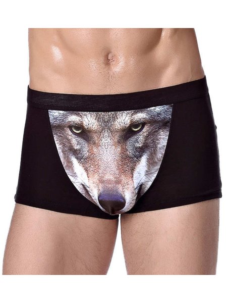 Men's Wolf Head Pattern Breathable Panties, Black-2, Underwear & Socks
