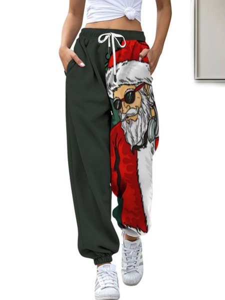 

Christmas new high waist loose casual drawstring pants, Black, Pants