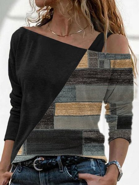 

Loosen Geometric Casual Shirts & Tops, Black, Long sleeve tops