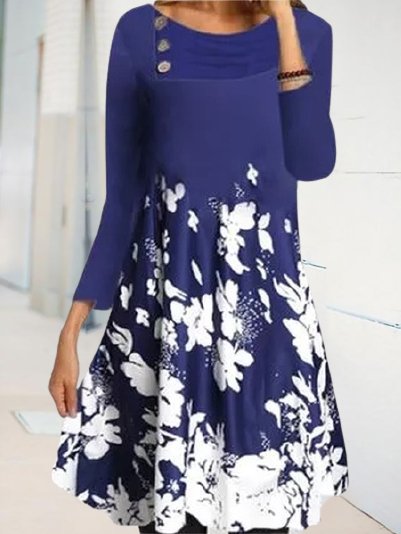 

Asymmetrical Neck Elegant Floral Printed A-line Dresses, Blue, Floral Dresses