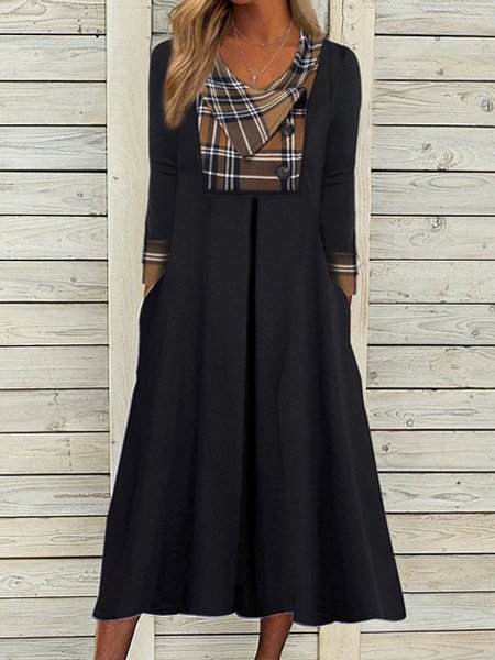 

Checked/Plaid Casual Cowl Neck Knitting Dress, Black, Maxi Dresses