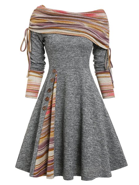

Cowl Neck Cotton Blends Striped Dresses, Gray, Mini Dresses