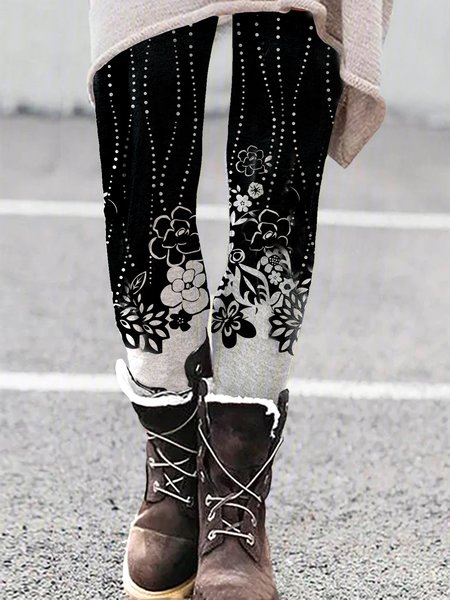 

Floral Regular Fit Pants, Black, Leggings