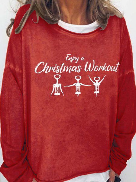 

Enjoy A Christmas Workout Casual Cotton Blends Crew Neck Sweatshirts, Red, Hoodies&Sweatshirts