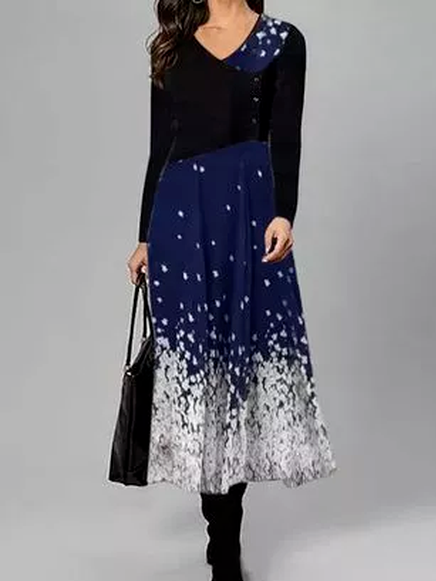 

V Neck Casual Regular Fit Dresses, Navyblue, Floral Dresses