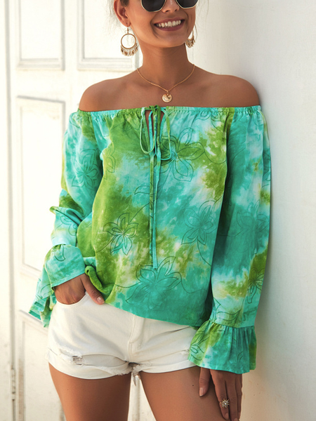 

Boat Neck Casual Tops, Green, Tops