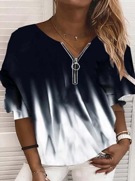 

V Neck Loosen Color Block Shirts & Tops, Black, Long sleeve tops