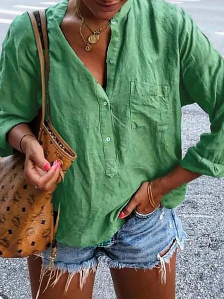 

Casual Solid Pockets Long Sleeve Blouses Tops, Green, Long sleeve tops