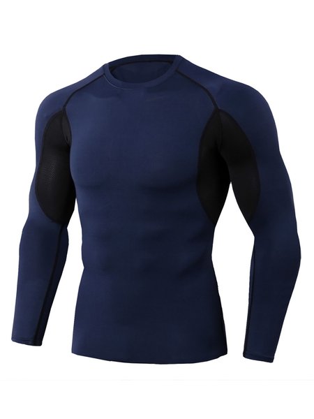 

Men's Body Fitness Sports Running Training Stretch Quick-Drying Round Neck Long Sleeve Tops, Navyblue, T-shirt
