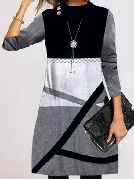 

Geometric Casual Crew Neck Long sleeve Dresses, Gray, Casual Dresses