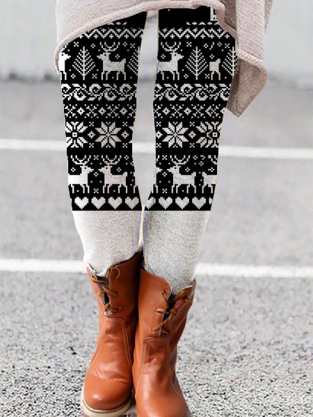 

Christmas pattern printed high-rise stretch yoga leggings, Black-white, Leggings