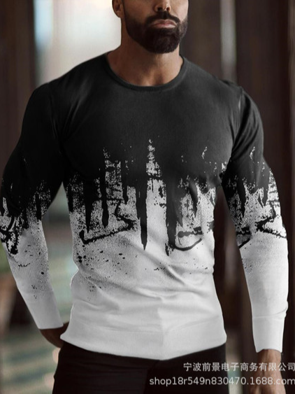 

Men's Tie-dyed Crew Neck Long Sleeve Casual T-shirt, Black, T-shirt