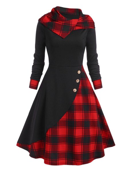 

Maniche Lunghe cappuccio Casuale a quadri Abito, Rosso, Midi Dresses