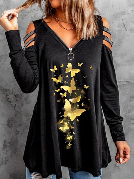 

Casual V Neck Butterfly Shirts & Tops, Black, Long sleeve tops