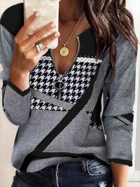 

Maniche Lunghe Stampato Casuale Scollo a V Top, Grigio, Blouses & Shirts